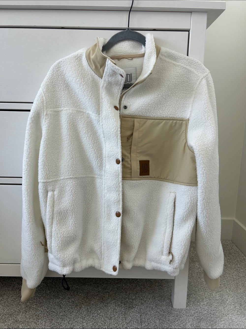 Topo Designs Cream Teddy Fleece Jacket with Tan Chest Panel